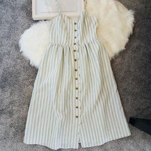 White/Sage Green Striped Button Midi Dress with Scalloped Detailing